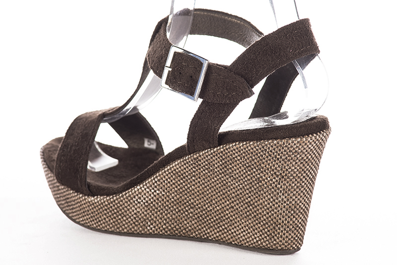 Dark brown women's fully open sandals, with an instep strap. Round toe. High wedge soles. Rear view - Florence KOOIJMAN